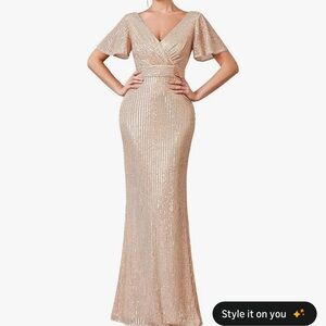 Ever Pretty Rose Gold V Neck Sequin Maxi Dress